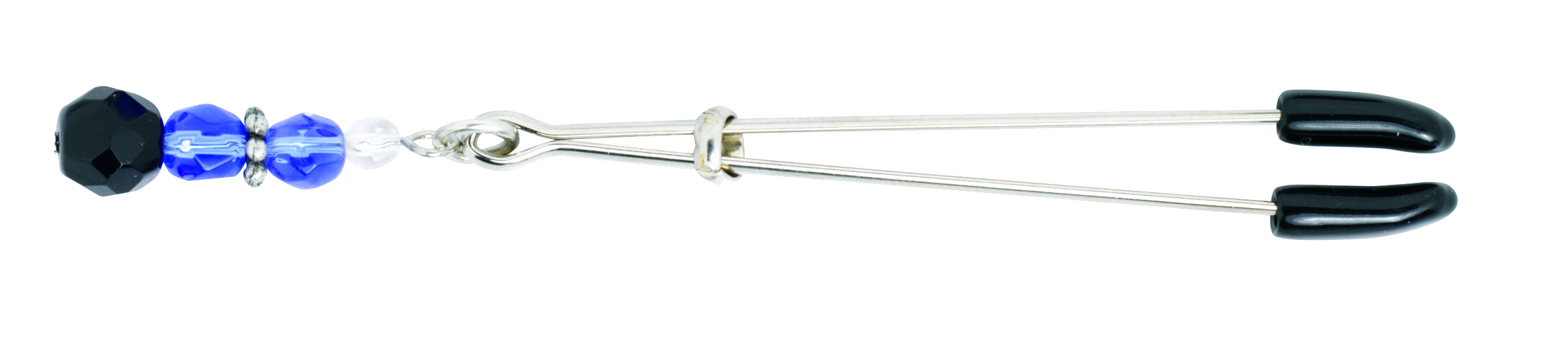 Blue beaded tweezer clit clamp shown flat with its sliding adjustment ring