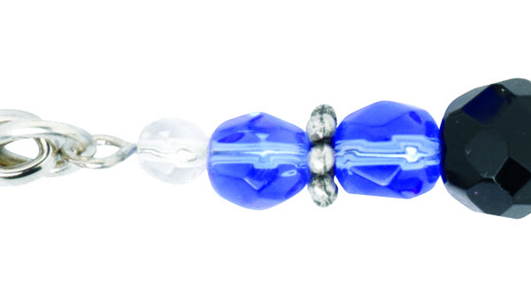 Close view of the blue and black faux crystal beads on the tweezer clit clamp