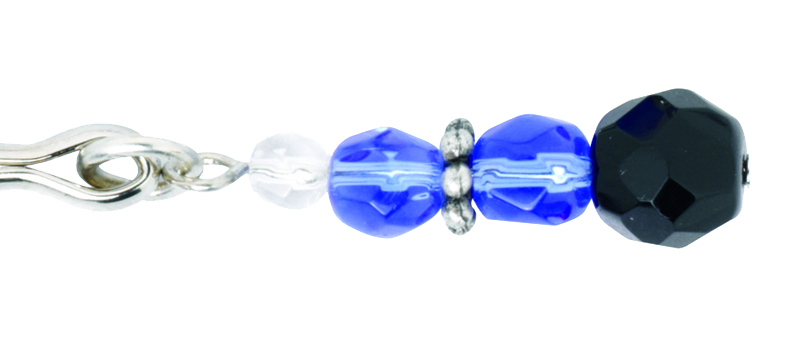 Close view of the blue and black faux crystal beads on the tweezer clit clamp