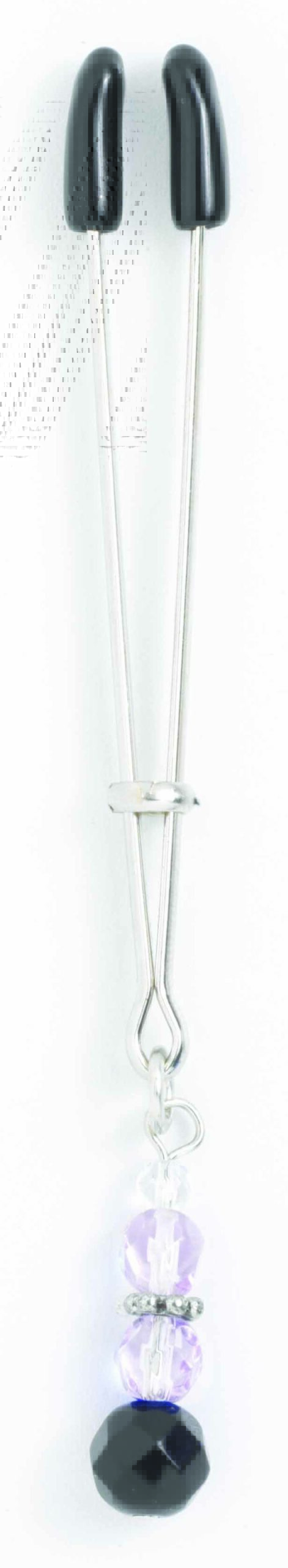 Purple Spartacus tweezer clit clamp with crystal bead dangle and black rubber tips