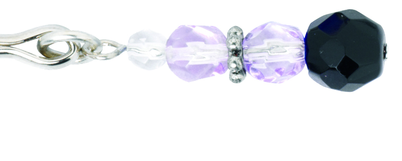 Close view of the purple and black faux crystal beads on the tweezer clit clamp
