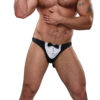 Model wearing the Male Power Maitre D tuxedo thong, front view