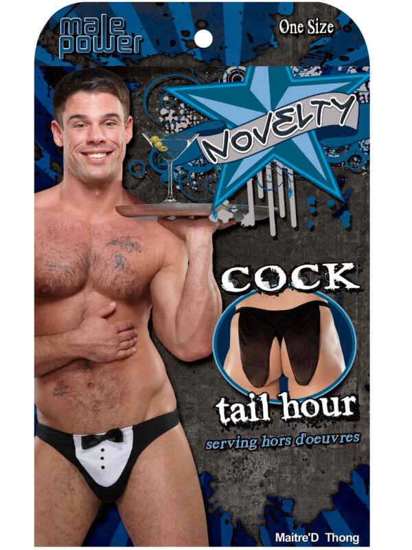 Male Power novelty package showing the tuxedo pouch thong