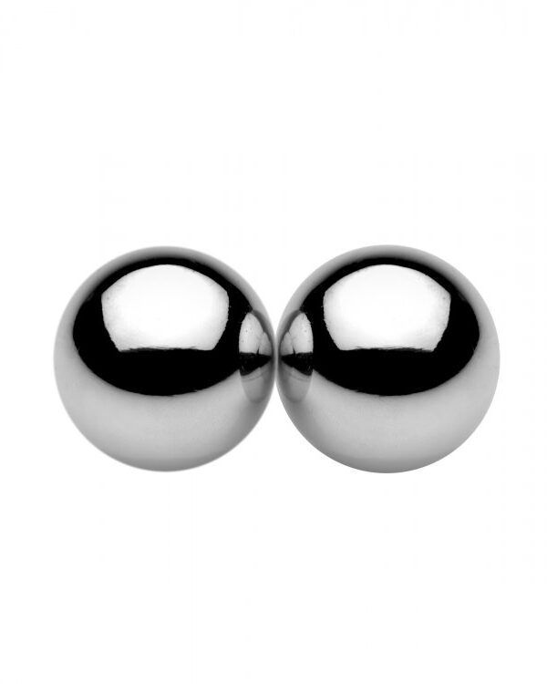 Two silver Master Series Magnus magnetic nipple clamp orbs on a white background