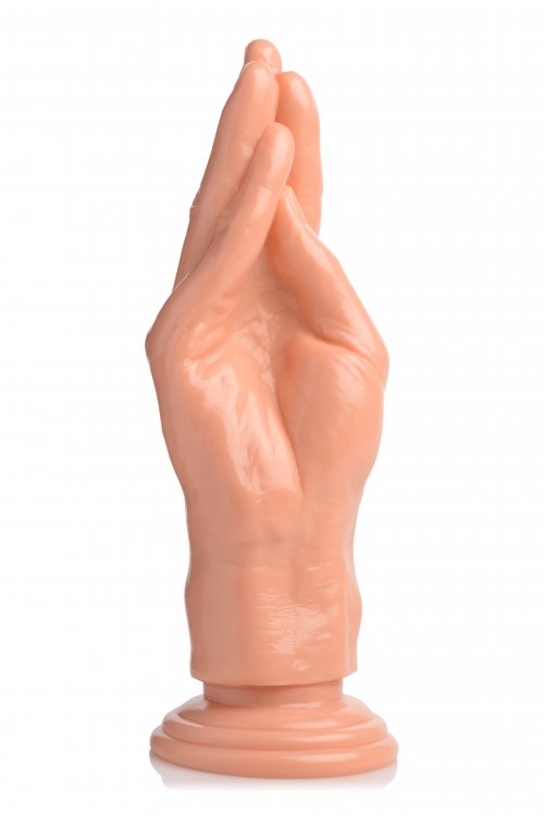 Master Series The Stuffer realistic flesh-tone hand dildo standing on its suction base