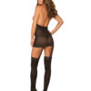 Model in the sheer black garter dress with thigh high stockings, front view