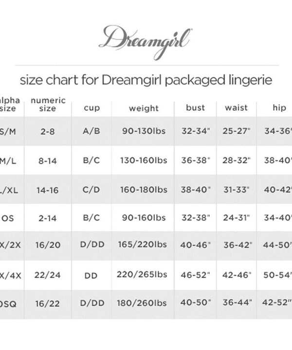 Dreamgirl size chart for the one size fishnet body stocking