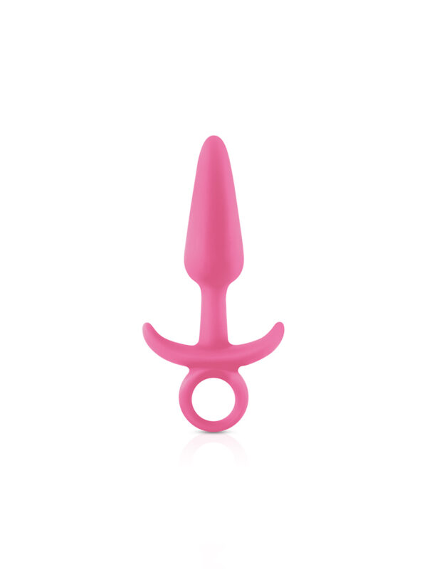 Pink Firefly Prince small glow in the dark silicone butt plug with T-bar base and pull ring