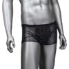 Black mesh rhinestone boxer briefs on a mannequin, front view