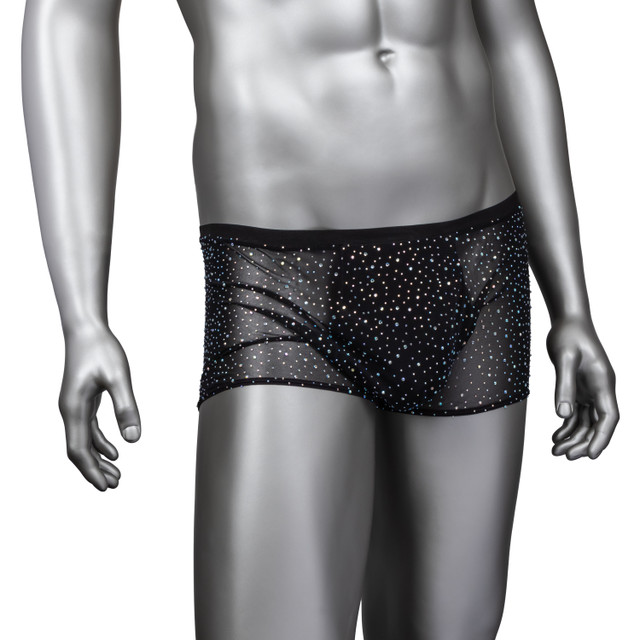 Black mesh rhinestone boxer briefs on a mannequin, front view