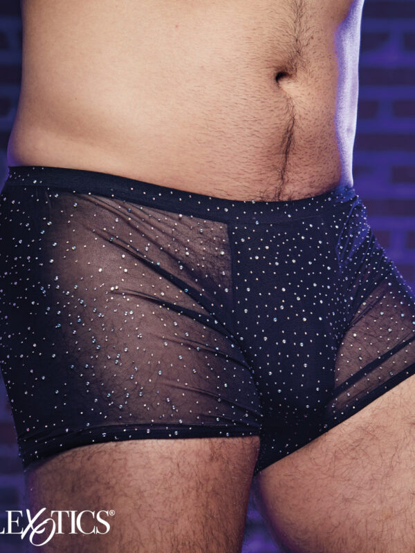 Model wearing the see-through rhinestone mesh boxer briefs, front view