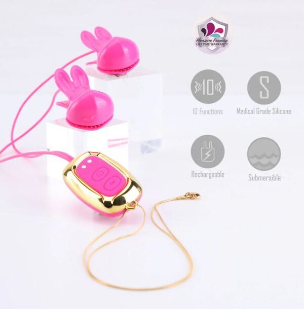 Molli nipple clamp necklace with feature icons for vibration, rechargeable and waterproof