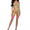 Model wearing the ombre rainbow strappy bra, garter and panty set, front view