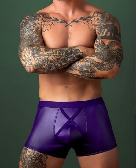 Model wearing the purple wet-look Eggplant short, angled front view