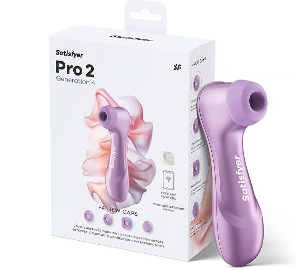 Satisfyer Pro 2 Generation 4 pink with its four caps and box