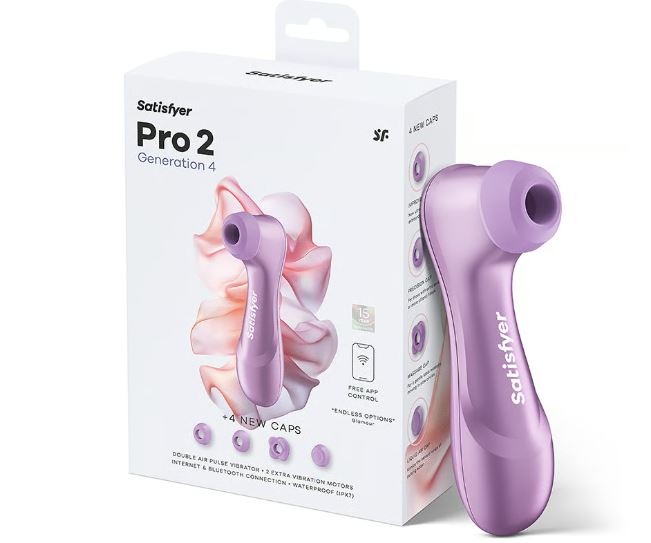 Satisfyer Pro 2 Generation 4 pink with its four caps and box