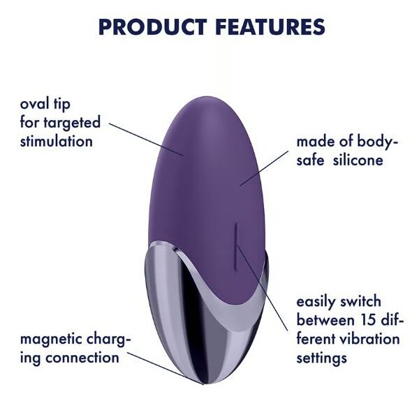 Satisfyer Purple Pleasure features - pointed tip, 15 settings, magnetic charging