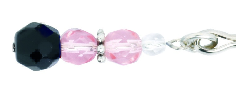 Close view of the pink and black faux crystal beads on the tweezer clit clamp