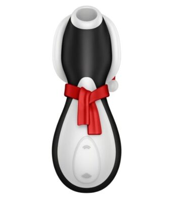 Satisfyer Penguin Holiday Edition with red Santa hat and scarf, front view