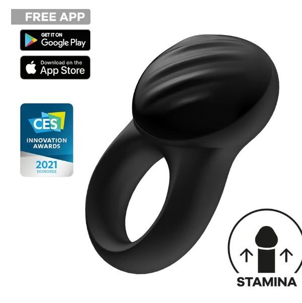 Satisfyer Signet Ring black ribbed vibrating cock ring with the Connect app