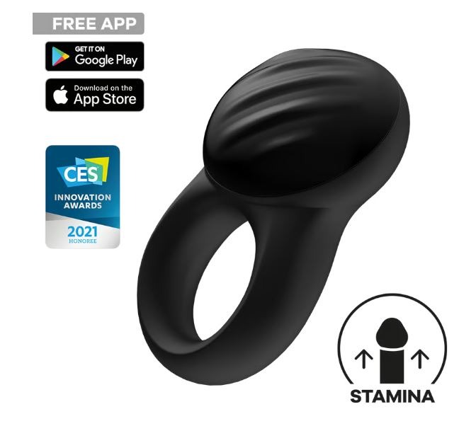 Satisfyer Signet Ring black ribbed vibrating cock ring with the Connect app