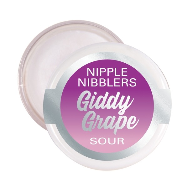 Open 3g pot of Nipple Nibblers Giddy Grape sour balm showing the pale balm