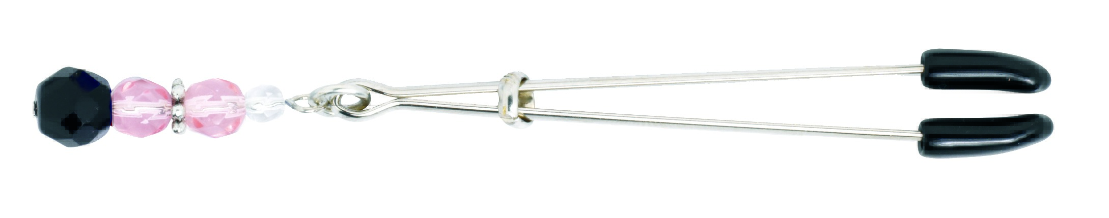 Pink beaded tweezer clit clamp shown flat with its sliding adjustment ring