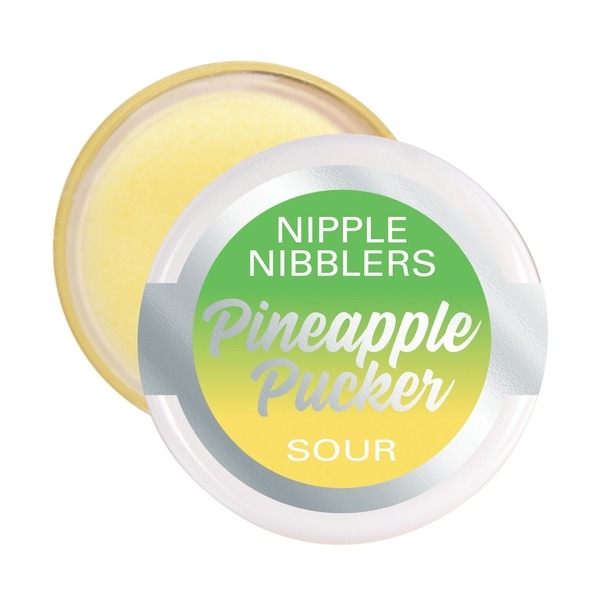 Open 3g pot of Nipple Nibblers Pineapple Pucker sour balm showing the yellow balm