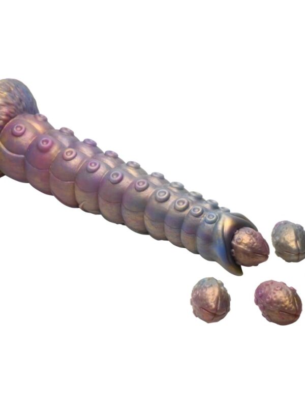 Creature Cocks Deep Invader tentacle ovipositor in iridescent purple and gold with 5 silicone eggs