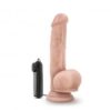 Vanilla 8.75 inch realistic vibrating dildo standing on its suction cup with the corded remote beside it