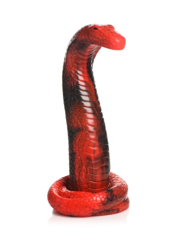 Creature Cocks King Cobra snake dildo in red and black silicone, coiled with its head raised