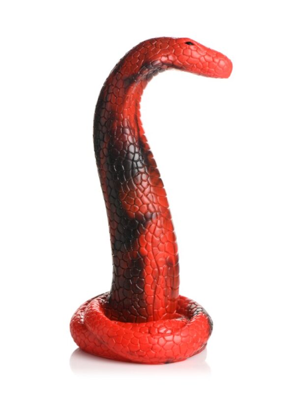 Side view of the King Cobra snake dildo showing its curved neck and scales