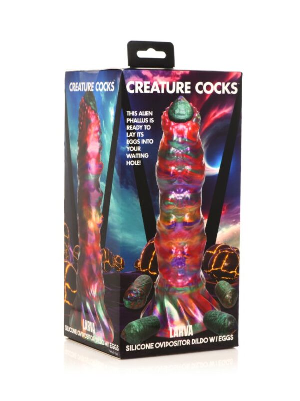 Angled view of the Larva ovipositor dildo retail box