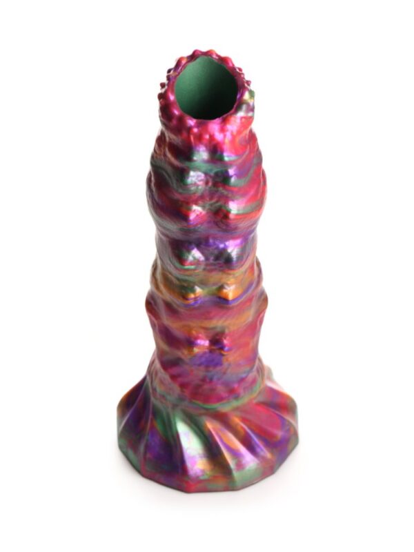 Creature Cocks Larva ovipositor dildo standing upright in iridescent pink, green and purple silicone