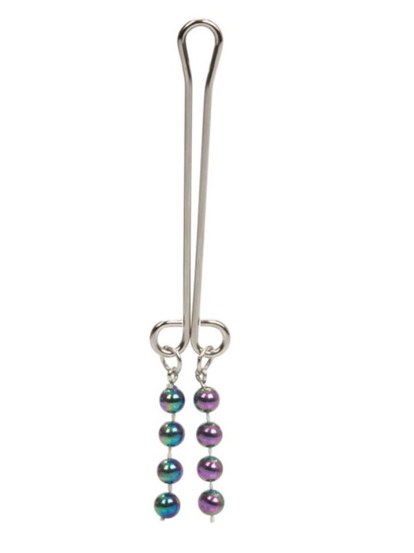 Non-piercing clit clip with two strands of iridescent metallic pearl beads