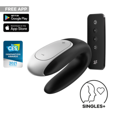 Satisfyer Double Fun U-shape couples vibrator worn during sex with infographic