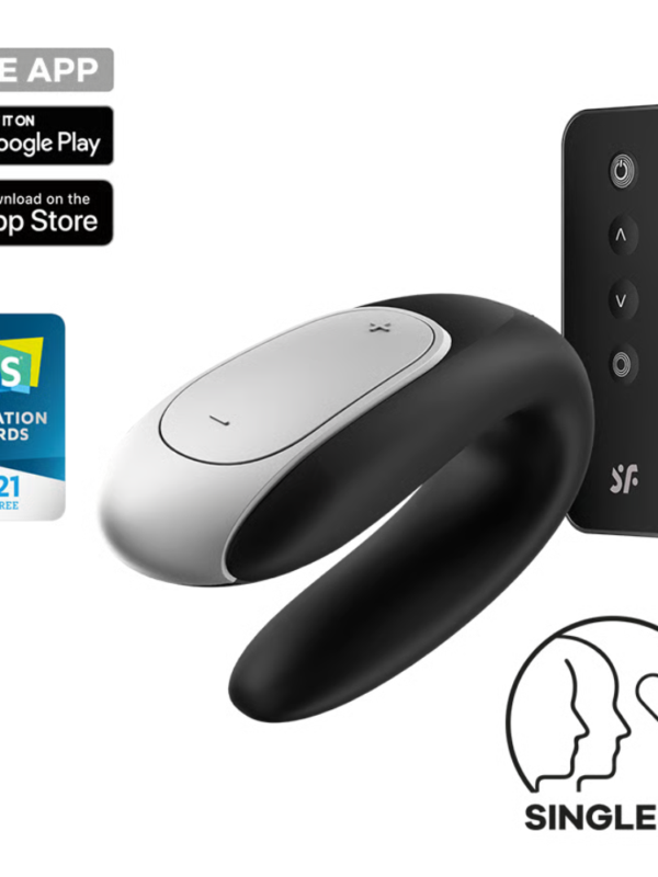 Satisfyer Double Fun U-shape couples vibrator worn during sex with infographic