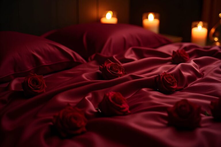 Red and black bedroom in low light