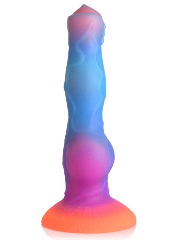 Creature Cocks Space Cock glow-in-the-dark alien dildo standing upright in blue, pink and orange silicone