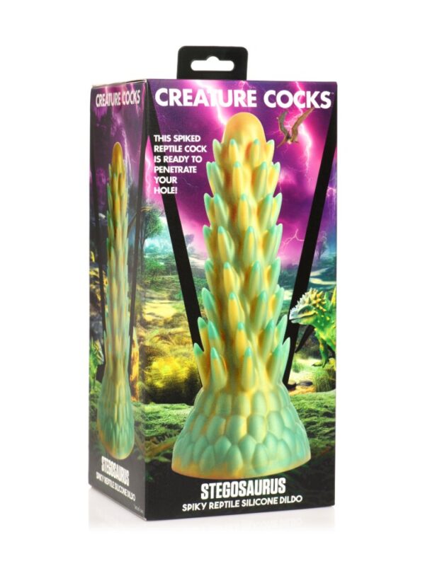 Angled view of the Stegosaurus dildo retail box