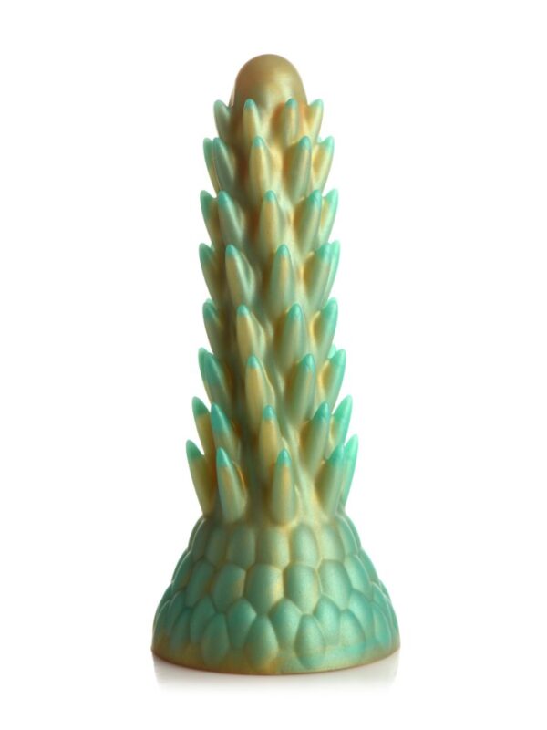 Creature Cocks Stegosaurus dinosaur dildo standing upright, covered in gold and teal spikes