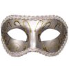 Sex & Mischief silver masquerade mask with gold glitter swirls and braided trim
