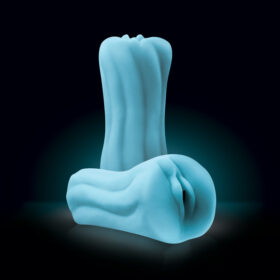 Firefly Yoni blue glow in the dark silicone stroker showing the yoni entrance and ribbed body
