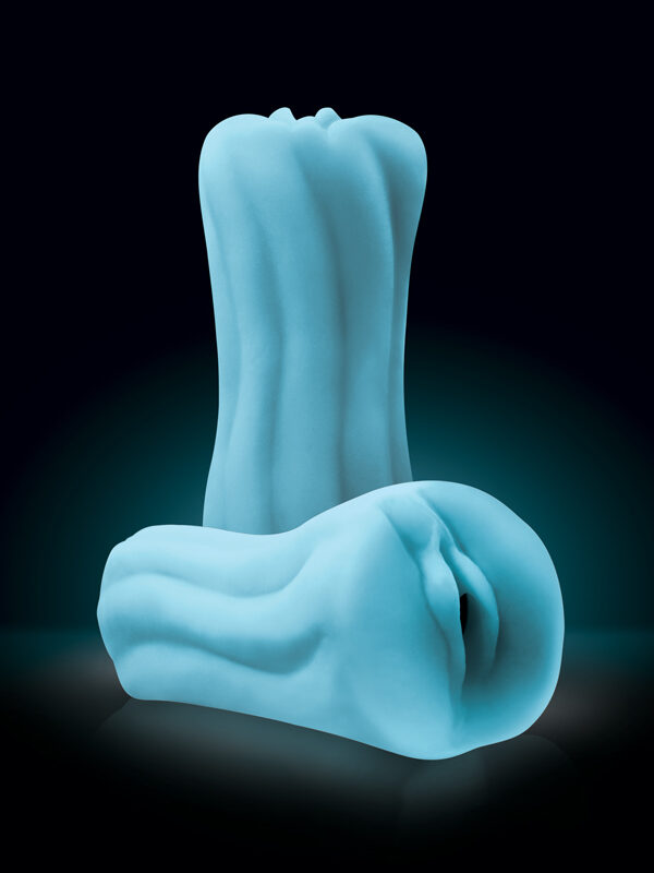 Firefly Yoni blue glow in the dark silicone stroker showing the yoni entrance and ribbed body