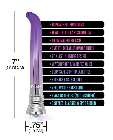 Nixie Jewel Ombre G-Spot Vibe size chart showing 7 inch length and 0.75 inch width