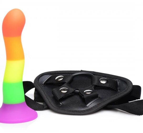 Strap U Proud Rainbow Silicone Dildo W/ Harness harness