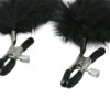 Sex & Mischief Feathered Nipple Clamps with rubber-tipped screw clamps and black feathers