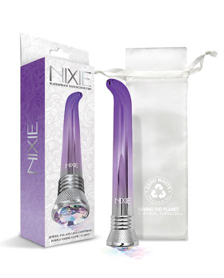 Nixie Jewel Ombre G-spot vibrator beside its box and included storage bag